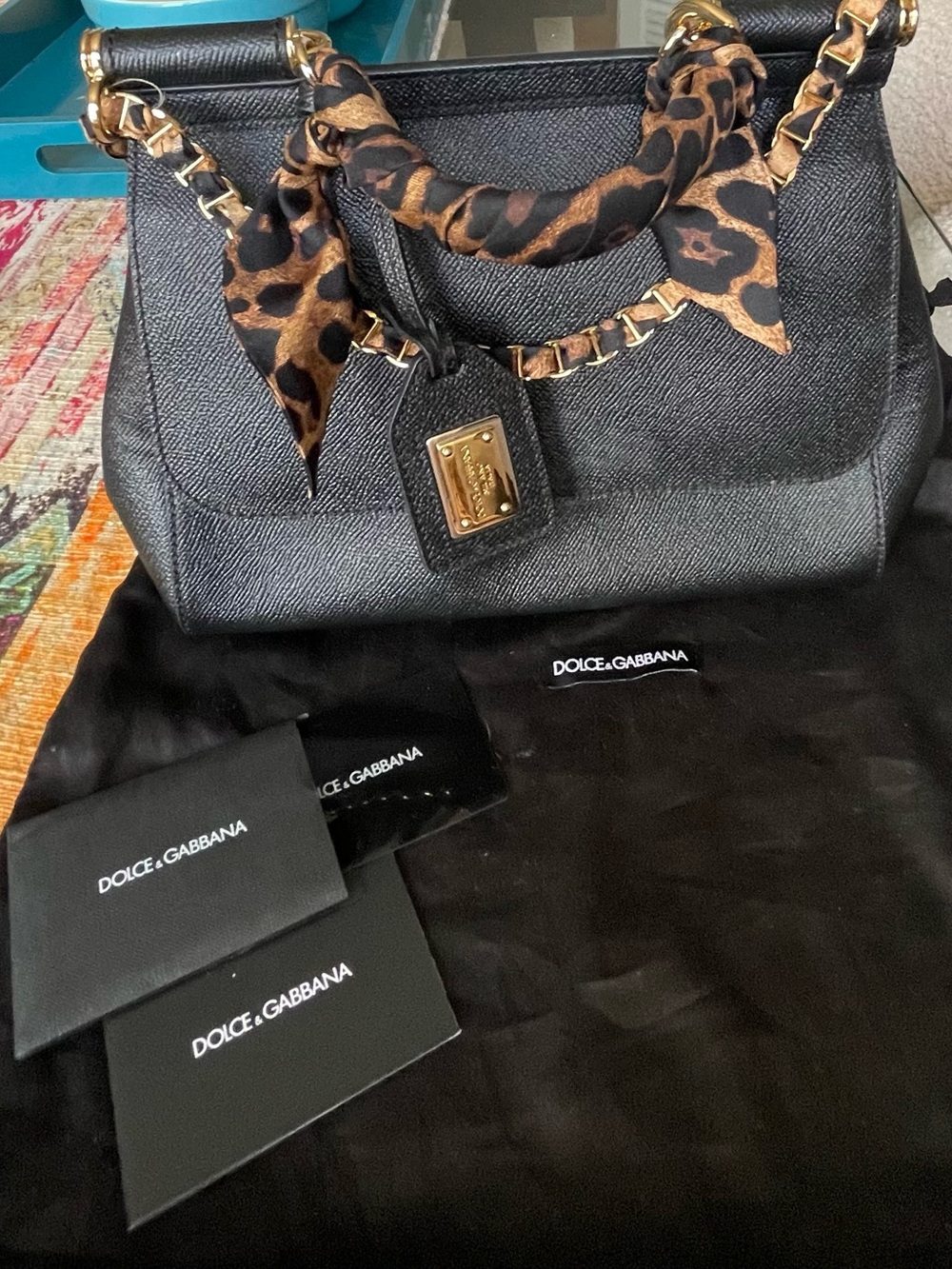 Dolce & Gabbana Black Saffiano Leather Satchel with Leopard-Print Scarf